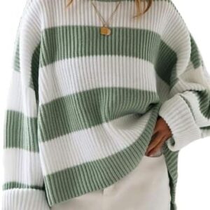 ZESICA Women's 2024 Fall Long Sleeve Crew Neck Striped Color Block Comfy Loose Oversized Knitted Pullover Sweater,Green,Large at Amazon Women’s Clothing store